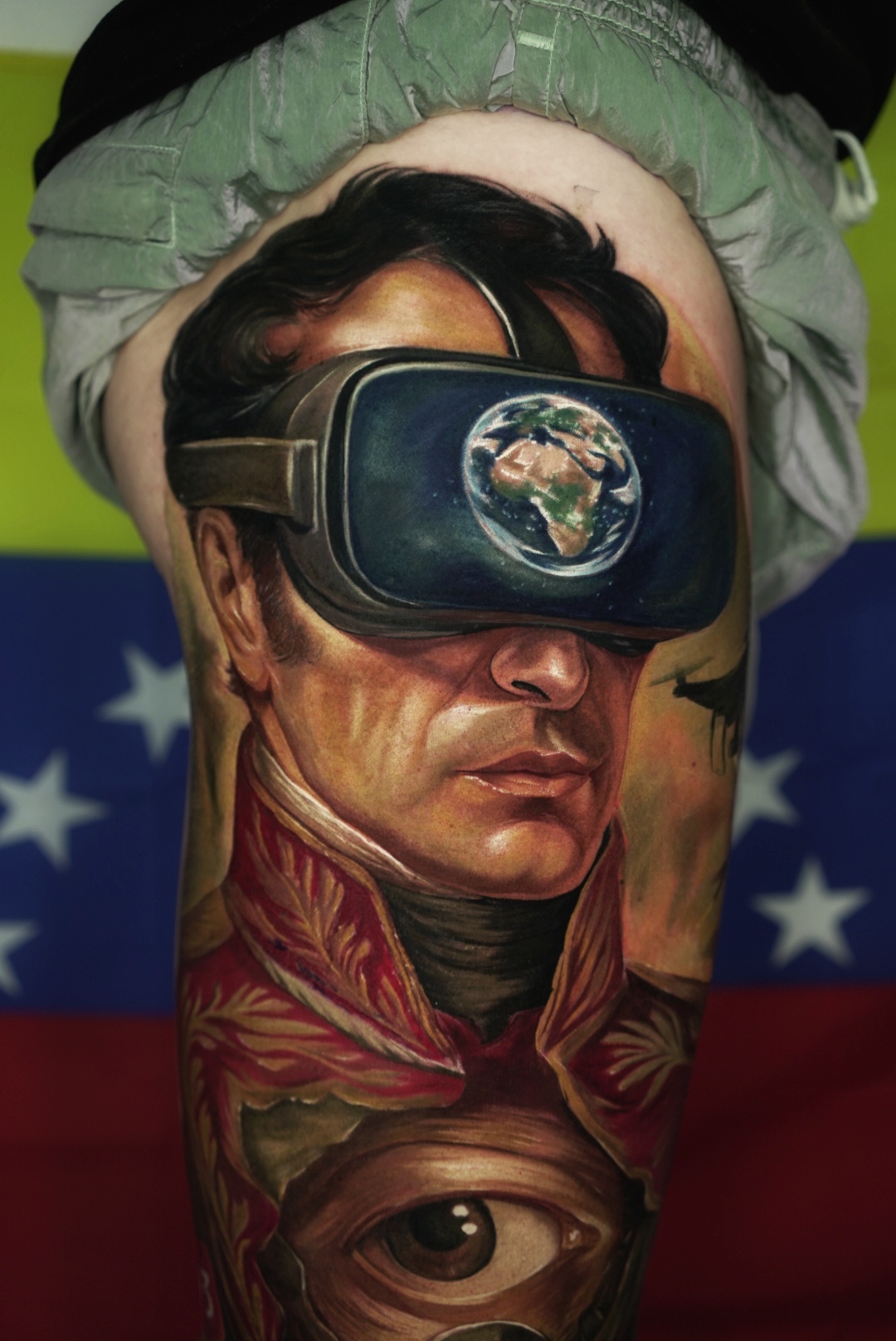 Color realism tattoo of a historical portrait wearing a VR headset on an upper arm